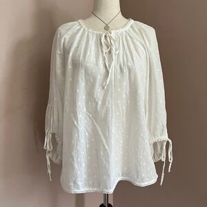 Sundance Swiss Dot Blouse Sz Small White Peasant Tie Coastal Gauze Boho Beachy